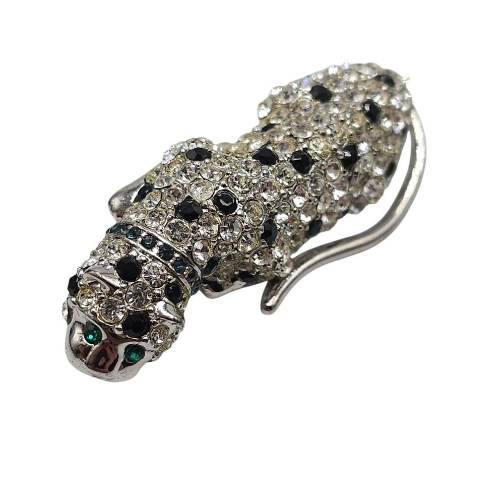 Kenneth Jay Lane Avon Panther Pin With Clear Black Green Rhinestones in Box
